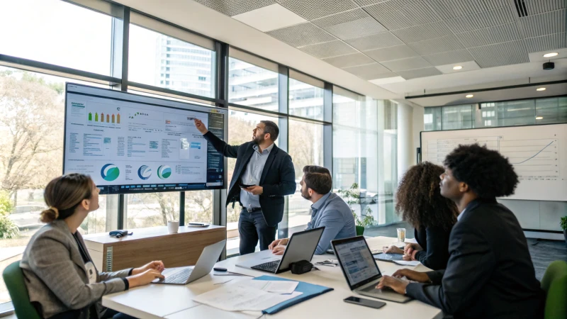 A diverse group of professionals in a modern conference room