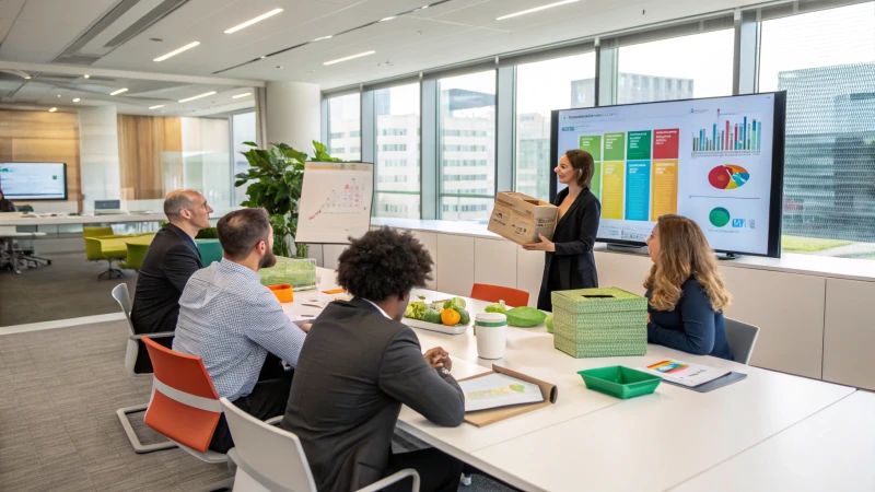 A modern conference room filled with diverse professionals discussing eco-friendly packaging materials.