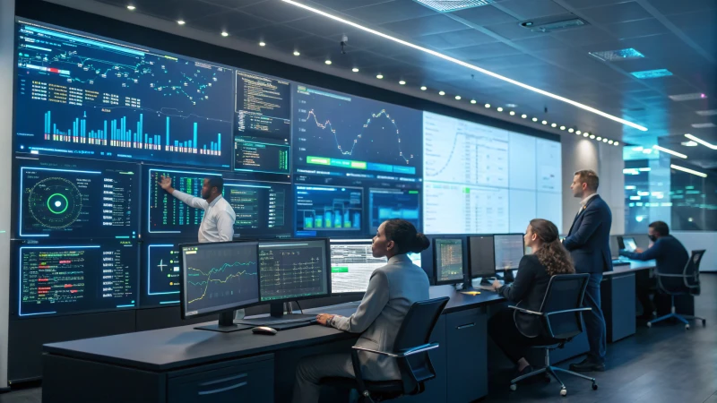 A modern control room filled with professionals analyzing supply chain data on large screens.