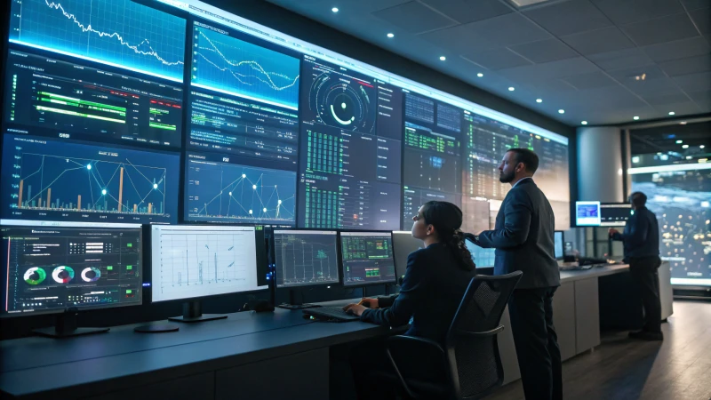 A modern control room with professionals analyzing data on large screens.