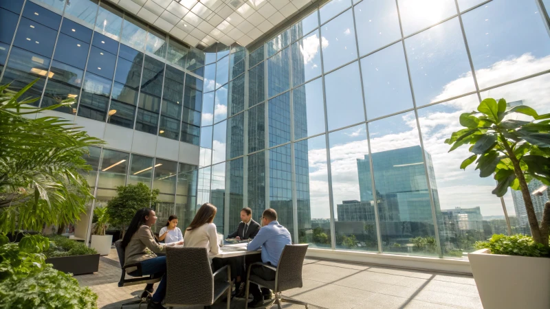 A modern corporate office with glass architecture reflecting the sky.