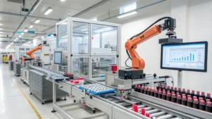 Automated cosmetic packaging factory with robotic arms and conveyor belts.