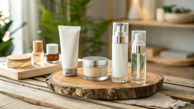 Collection of modern cosmetic packaging on a wooden table