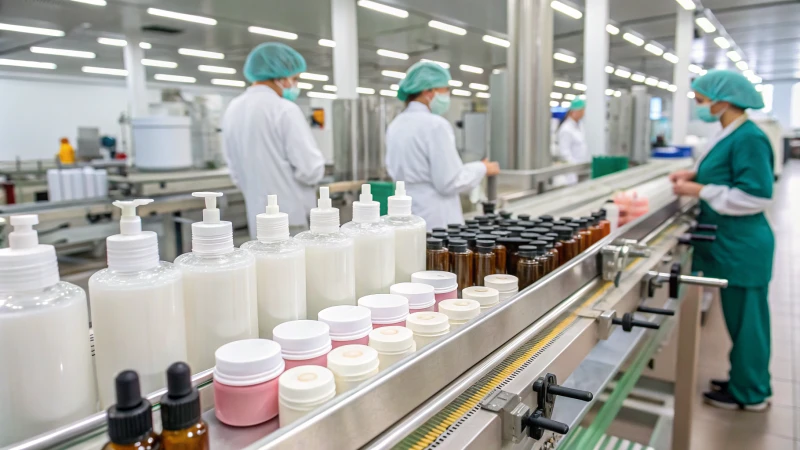 A modern cosmetic packaging production line with bottles and jars