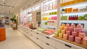 A modern cosmetic store showcasing innovative and eco-friendly packaging designs