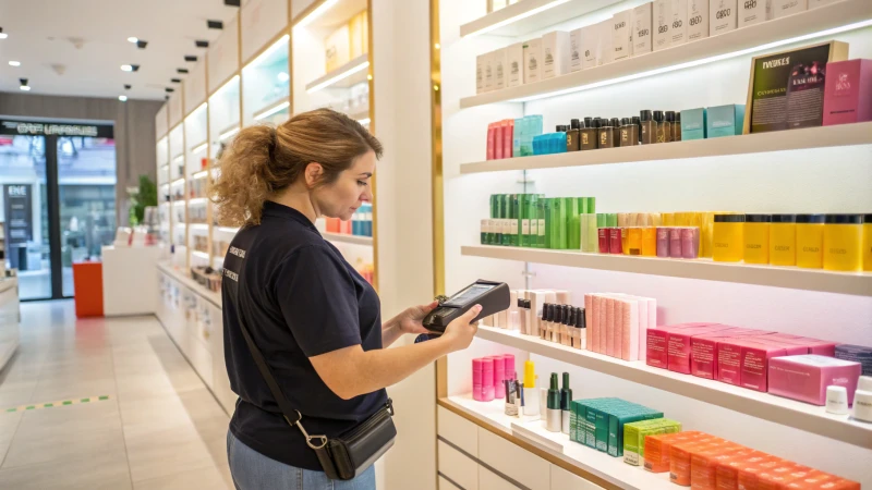 Interior of a modern cosmetics store with staff using an RFID scanner.