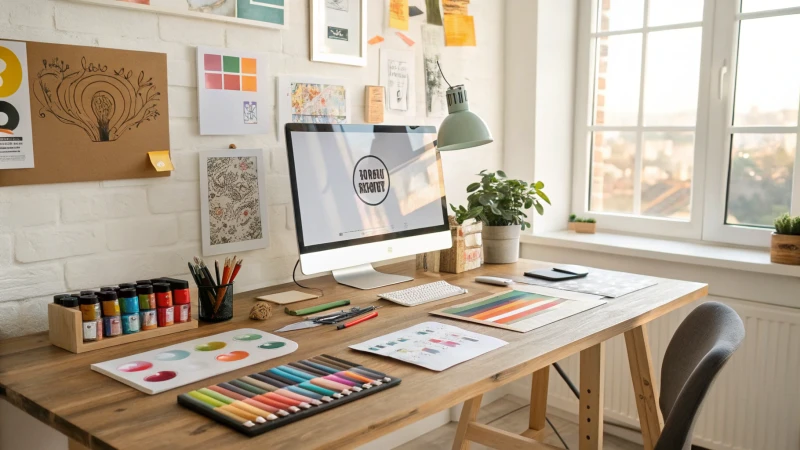 Bright modern creative workspace with design tools