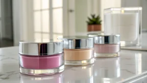 A collection of elegant cosmetic jars on a reflective surface