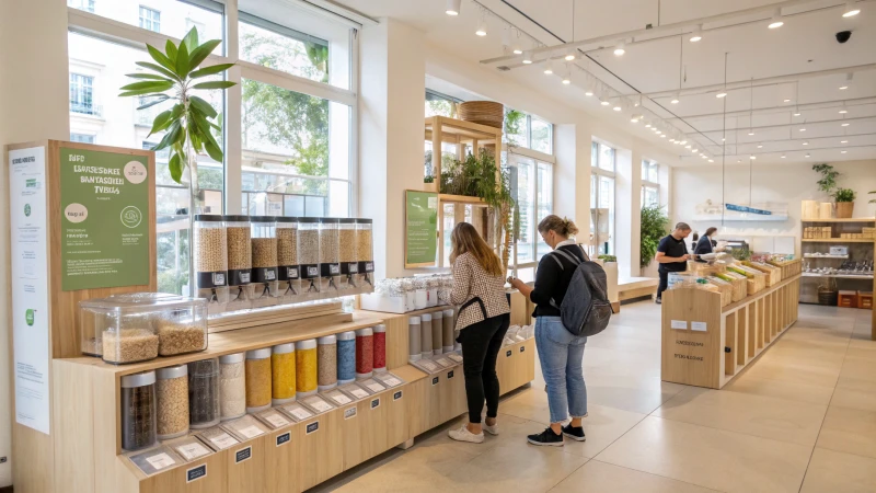 Interior of a modern eco-friendly store with refillable product stations