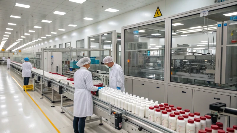 A modern factory interior with an assembly line for airless packaging containers