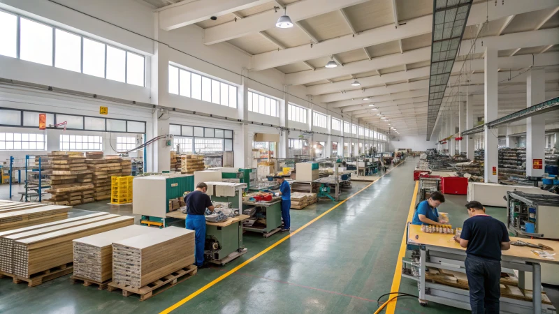 Interior of a modern factory with workers and machines