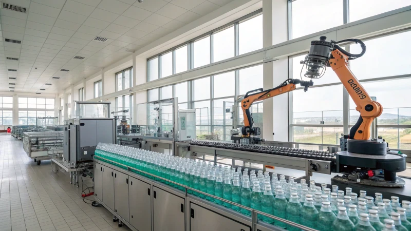 A modern glass bottle production facility with robotic arms and large windows