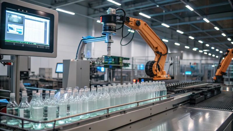 A modern glass bottle manufacturing facility with advanced machinery and robotics