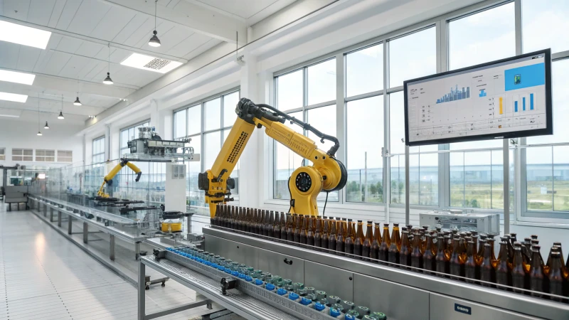 A bright and clean glass bottle manufacturing facility with robotic arms inspecting bottles.