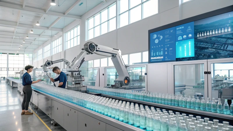 A modern glass bottle manufacturing facility with robotic arms and digital screens.