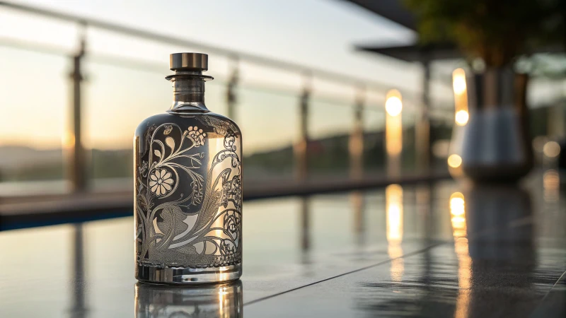 Photorealistic image of a modern glass bottle with intricate designs