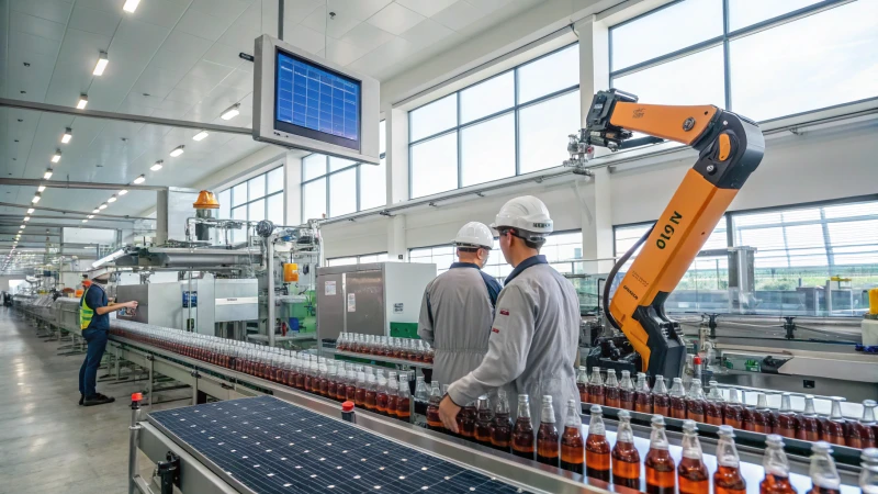 Photorealistic view of a glass bottle production facility with robotic arms and workers