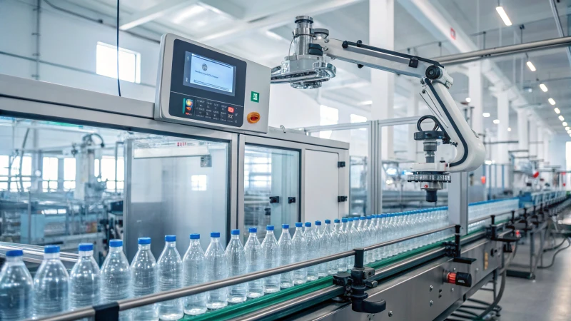 A modern glass bottle production line with robotic arms and digital screens.