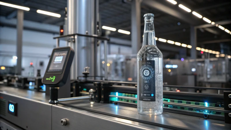 A modern glass bottle with integrated smart technology in a manufacturing facility