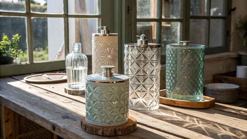 A collection of unique glass containers on a rustic table.