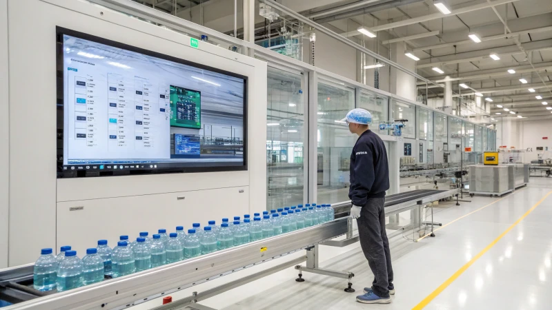 A technician monitoring AI quality control in a glass manufacturing facility.