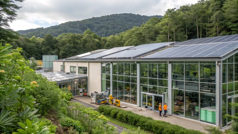 A modern glass manufacturing facility surrounded by greenery.