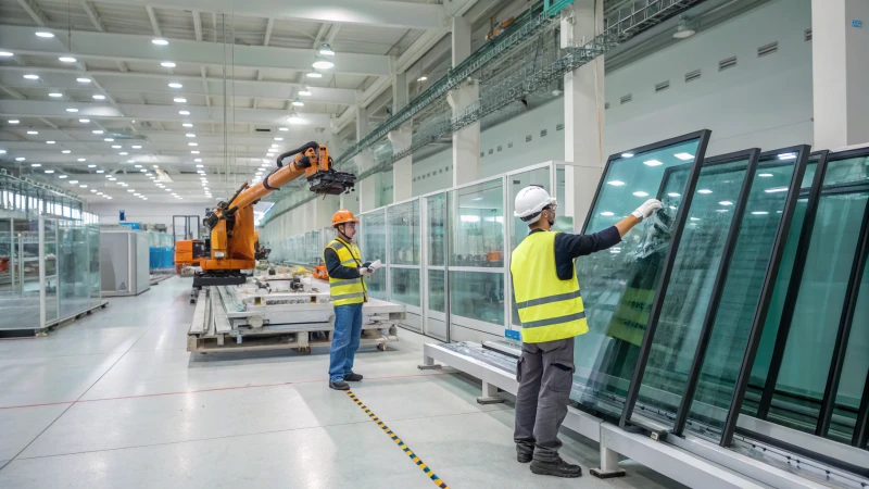 Automated glass manufacturing facility with robotic arms and workers