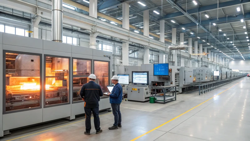 Interior of a modern glass manufacturing plant with furnaces and automated lines