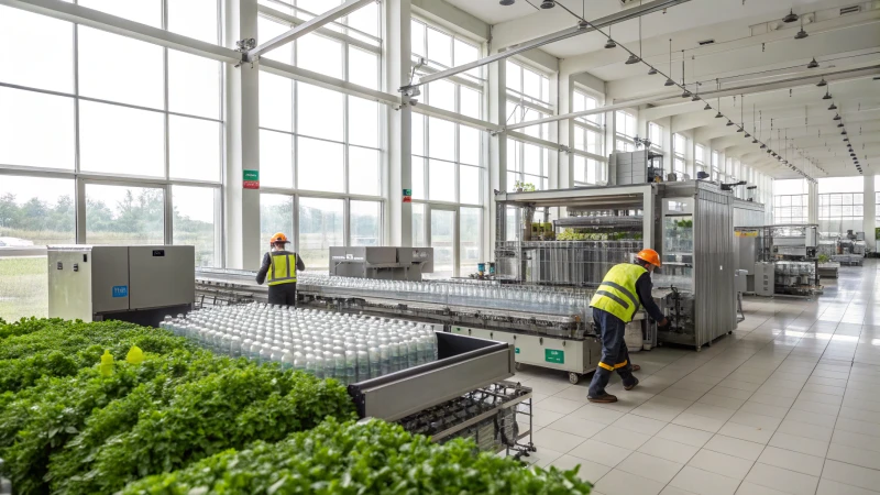 A bright and spacious glass packaging factory with workers and advanced machines.