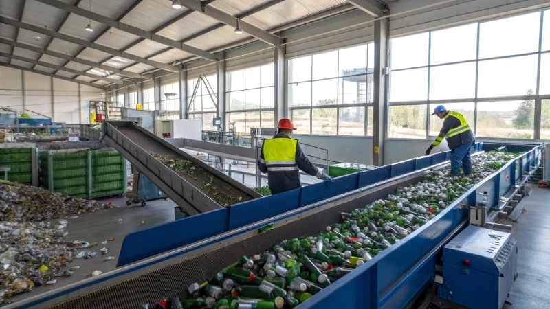 A modern glass recycling facility with workers and sorting machines