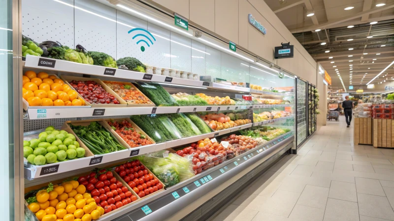 A grocery store shelf filled with food products featuring smart packaging technology