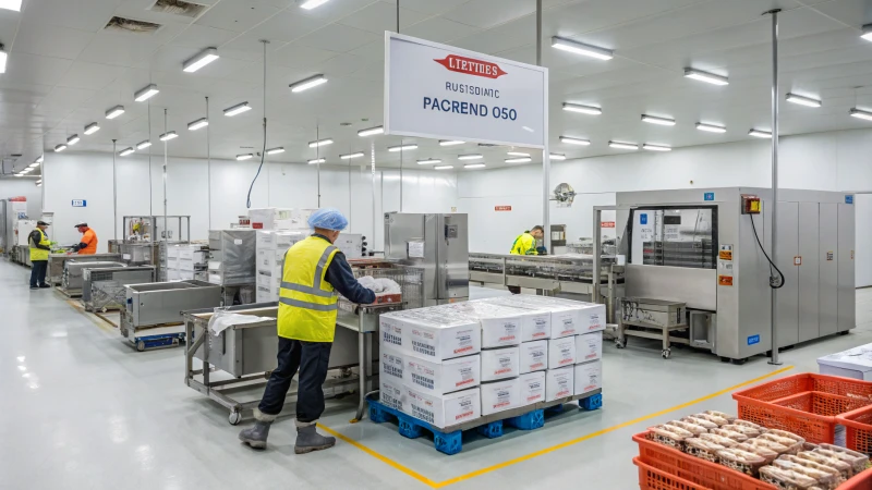 Interior of a modern industrial packaging facility with workers and machinery