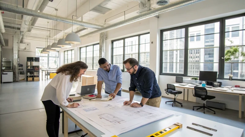 Engineers collaborating in a modern industrial workspace