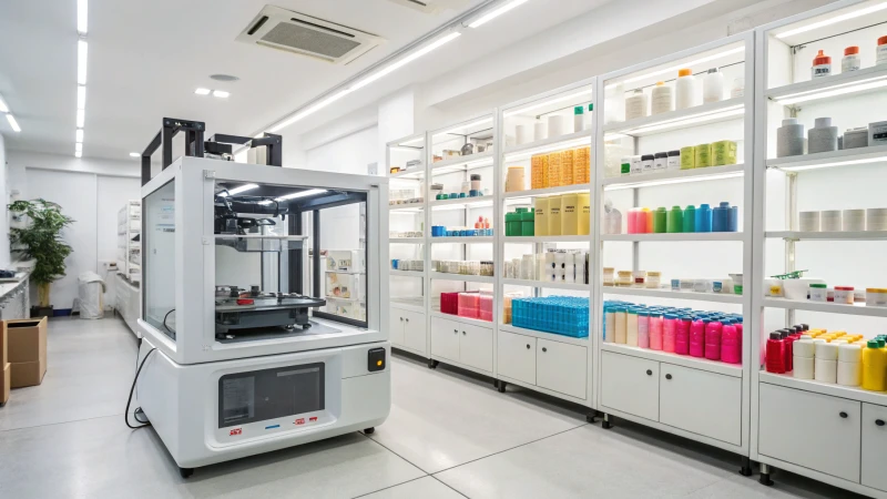 A modern laboratory with a 3D printer producing colorful cosmetic containers.