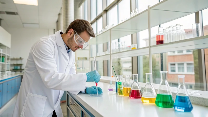 A chemist in a lab measuring liquids