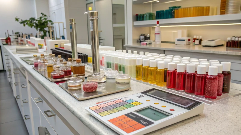 A modern laboratory with glass containers and cosmetic formulations