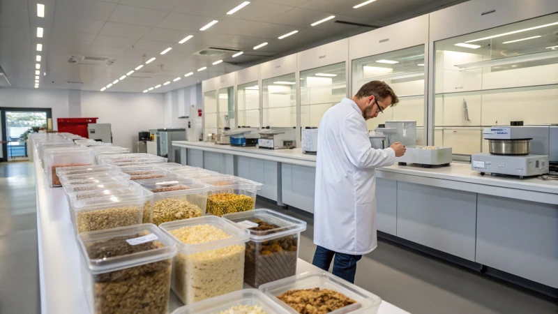 Scientist inspecting food packaging samples in a laboratory