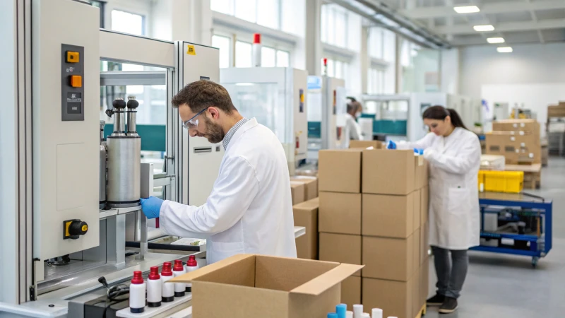 Technicians testing packaging materials in a modern laboratory