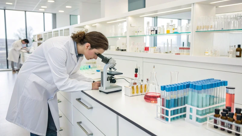 A researcher examining a sample in a bright laboratory