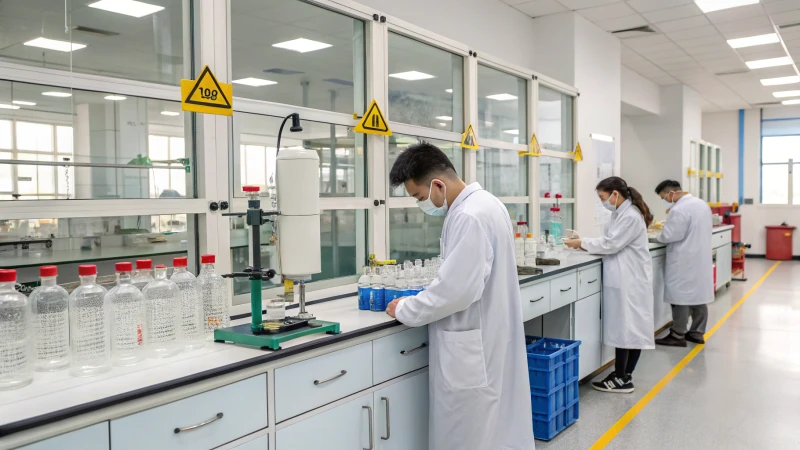 Technicians testing glass cosmetic packaging in a modern laboratory