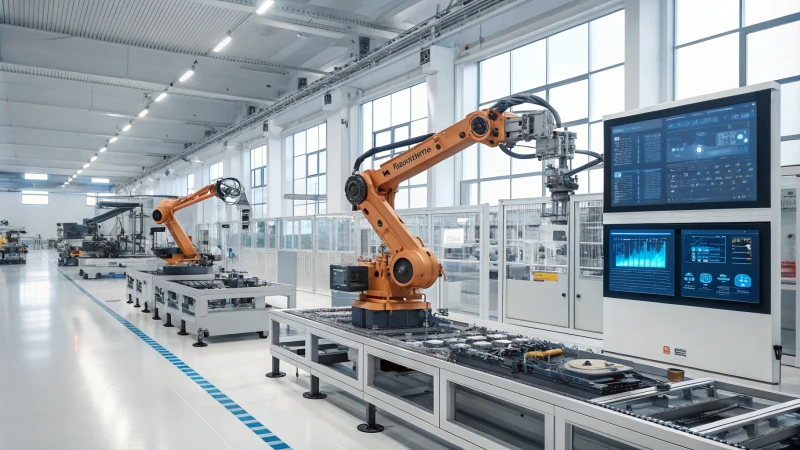 A modern manufacturing facility with robotic arms and digital displays