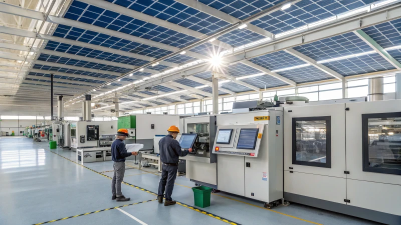 A modern manufacturing facility with solar panels and advanced machinery