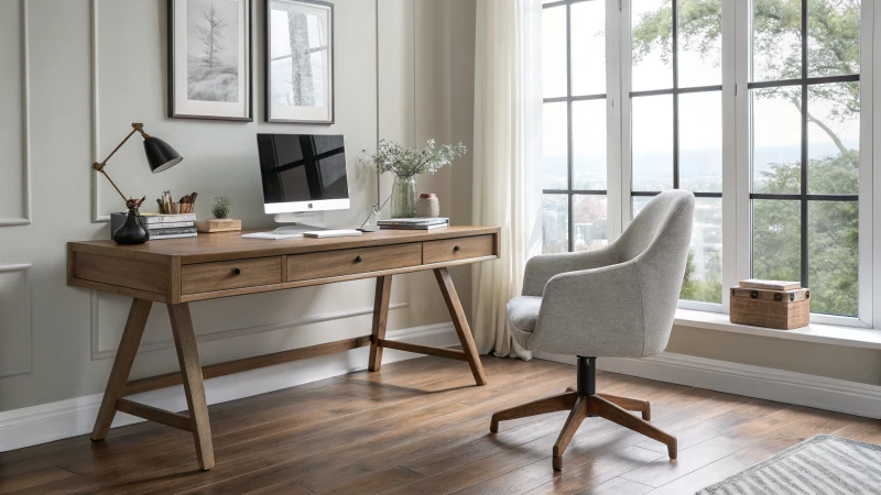 A modern minimalist workspace with a large window and sleek wooden desk.