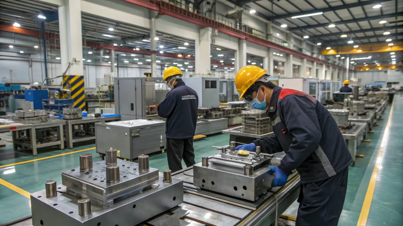 A modern mold manufacturing workshop with advanced machinery and workers in safety gear.