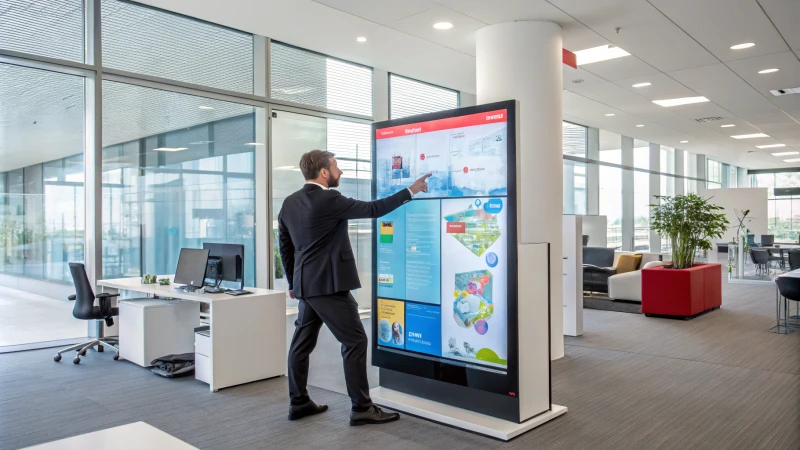 A business professional interacting with augmented reality packaging on a digital screen in a modern office.