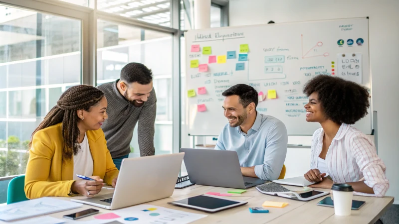 A diverse group of professionals discussing in a modern office.