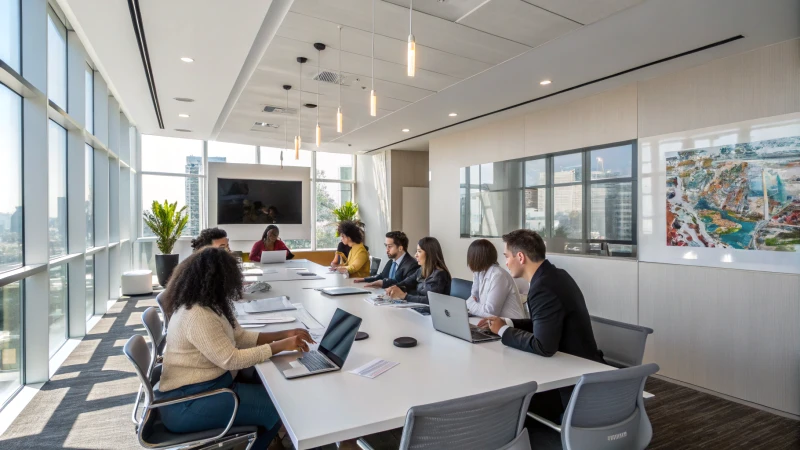 Professionals in a conference room discussing flexible contracts