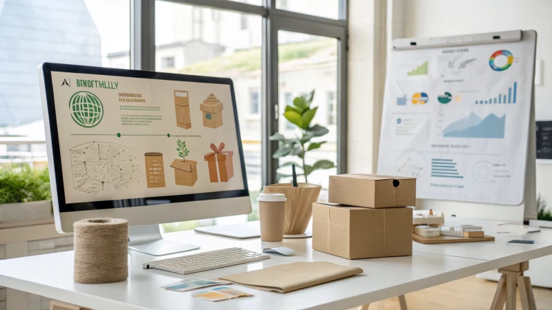 A modern office with a large digital screen showing packaging designs and eco-friendly materials on the desk