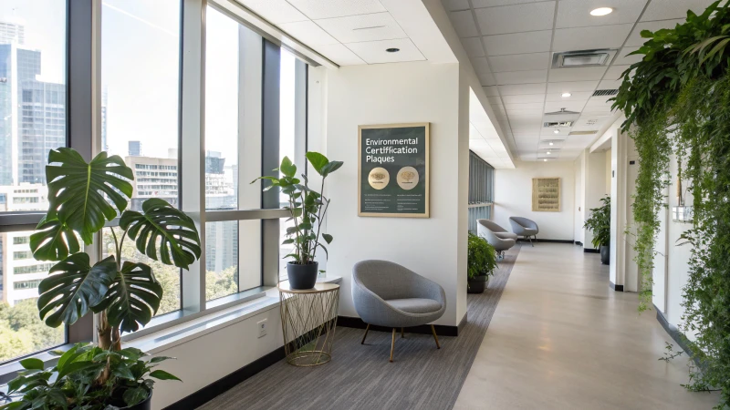 A bright modern office with environmental certification plaques and plants