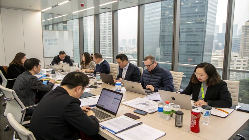 A diverse group of professionals engaged in a meeting in a modern office.